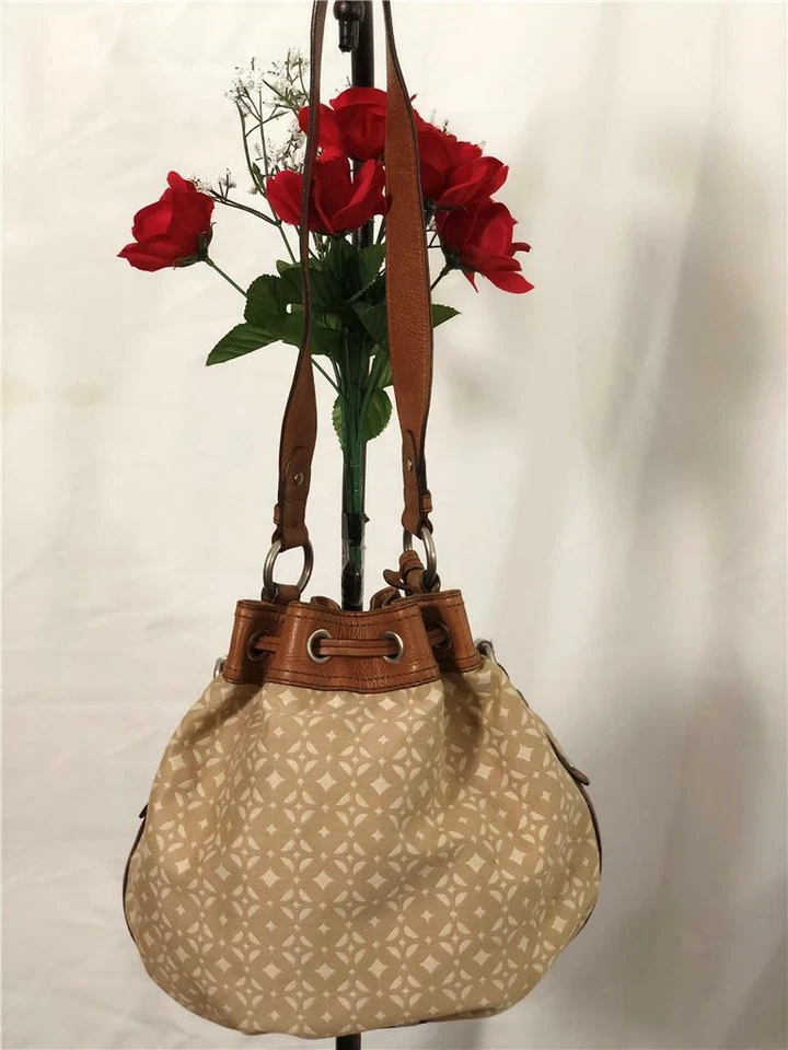 FOSSIL MADDOX 帆布棕褐色皮革装饰水桶抽绳单肩包 #ZB4960 — 第 3/4 张图片