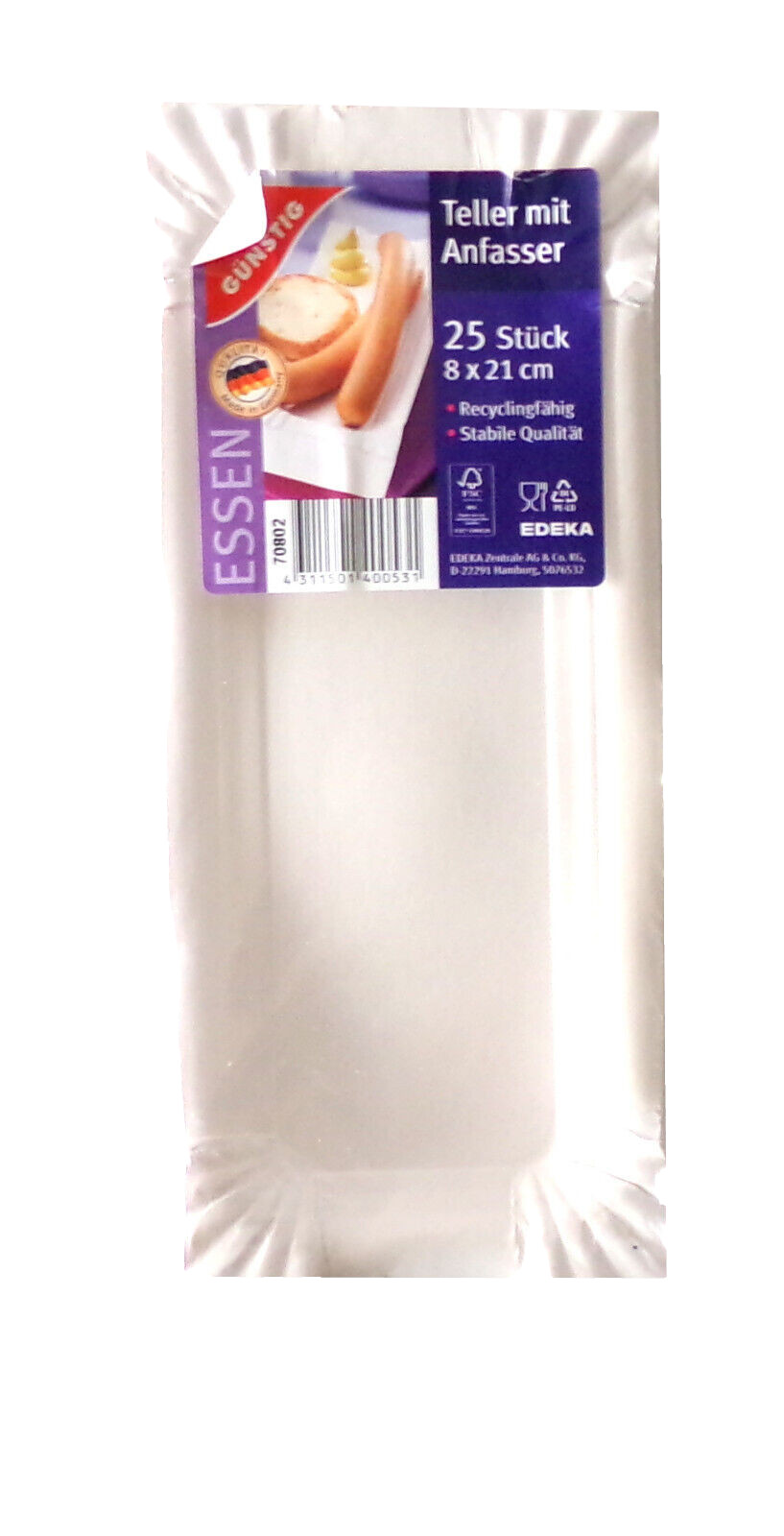 325 Teller, Einwegteller Pappe eckig 8 cm x 21 cm weiss mit Anfasser Wurstpappe