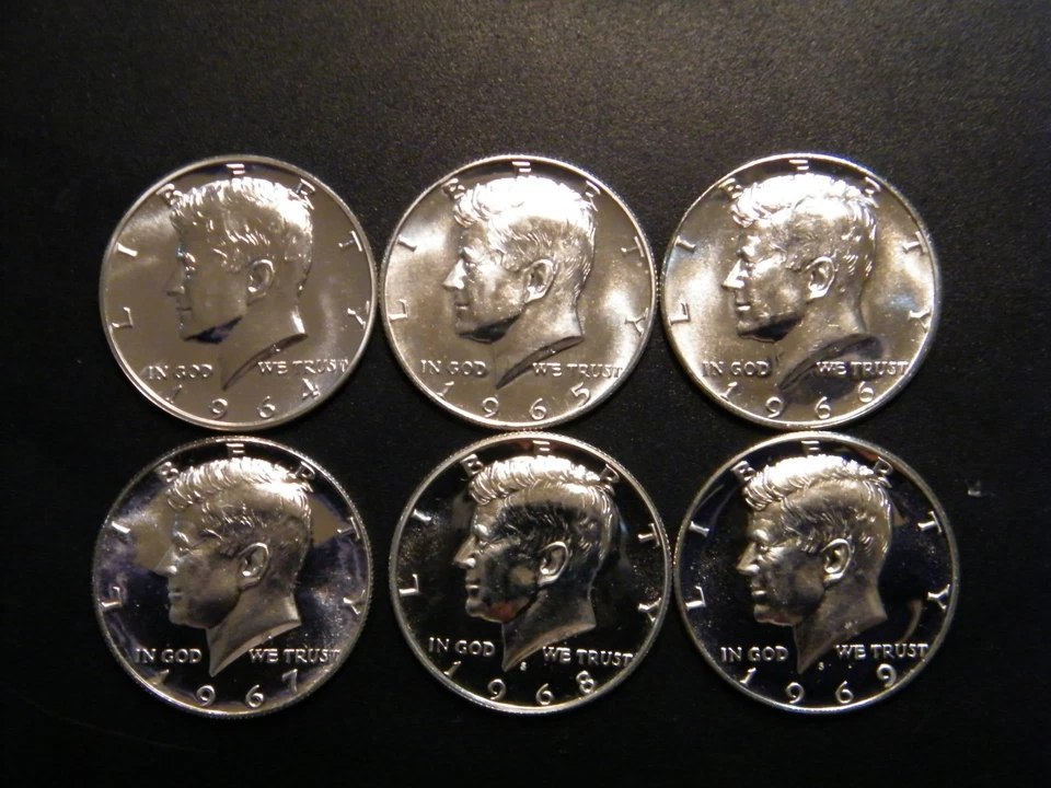 1964 1965 1966 1967 1968 S 1969 S Kennedy Prueba Medio Dólar 6 Monedas Juego Plata EE. UU. Foto 3 de 4