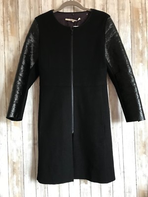 HACHE Black Wool / Leather Sleeves Faux Fur Collar Front Coat 38 S Italy RARE