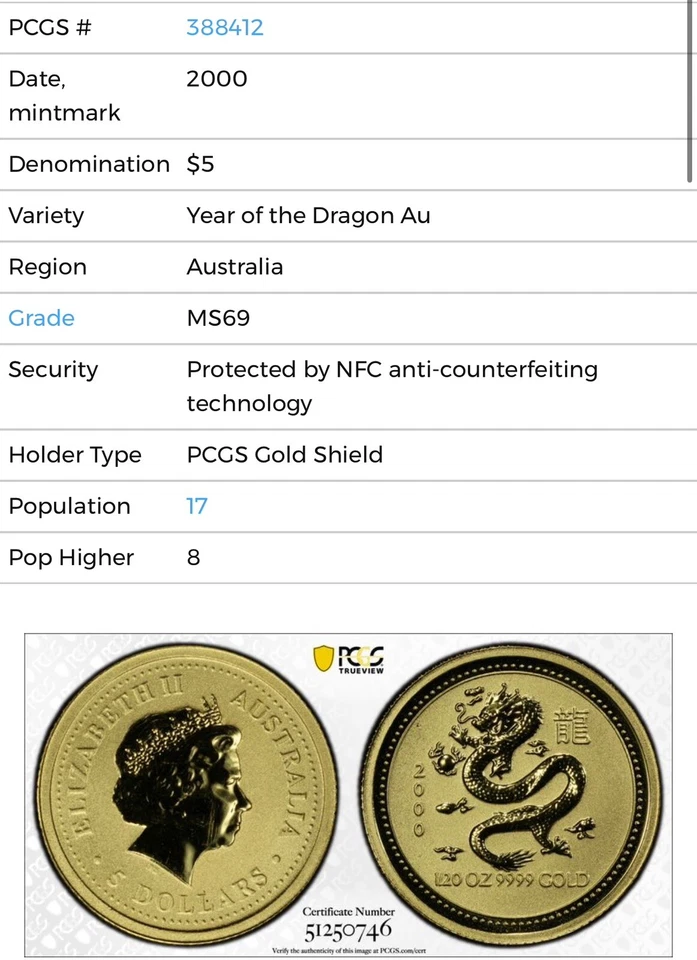 2000 $5 Australia 1/20 Oz Gold Lunar Coin • MS69 POP 17 • Year of the Dragon (龍) - Image 2 of 4