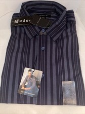 J. Ferrar Men's Shirt Large Deep Navy Stripe Modern Fit Long Sleeves 16-16.5