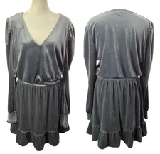 EVEREVE Women V Neck Pullover Velvet Dress Sz L Gray Long Sleeves Chic Glamour