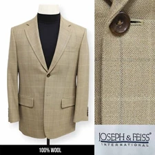 JOSEPH & FEISS mens tan beige WINDOWPANE wool sport coat suit jacket blazer 38 S