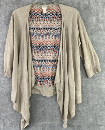 Chico's 1 US Medium Open Front Linen Blend Sweater Beige Inserted Printed Fabric