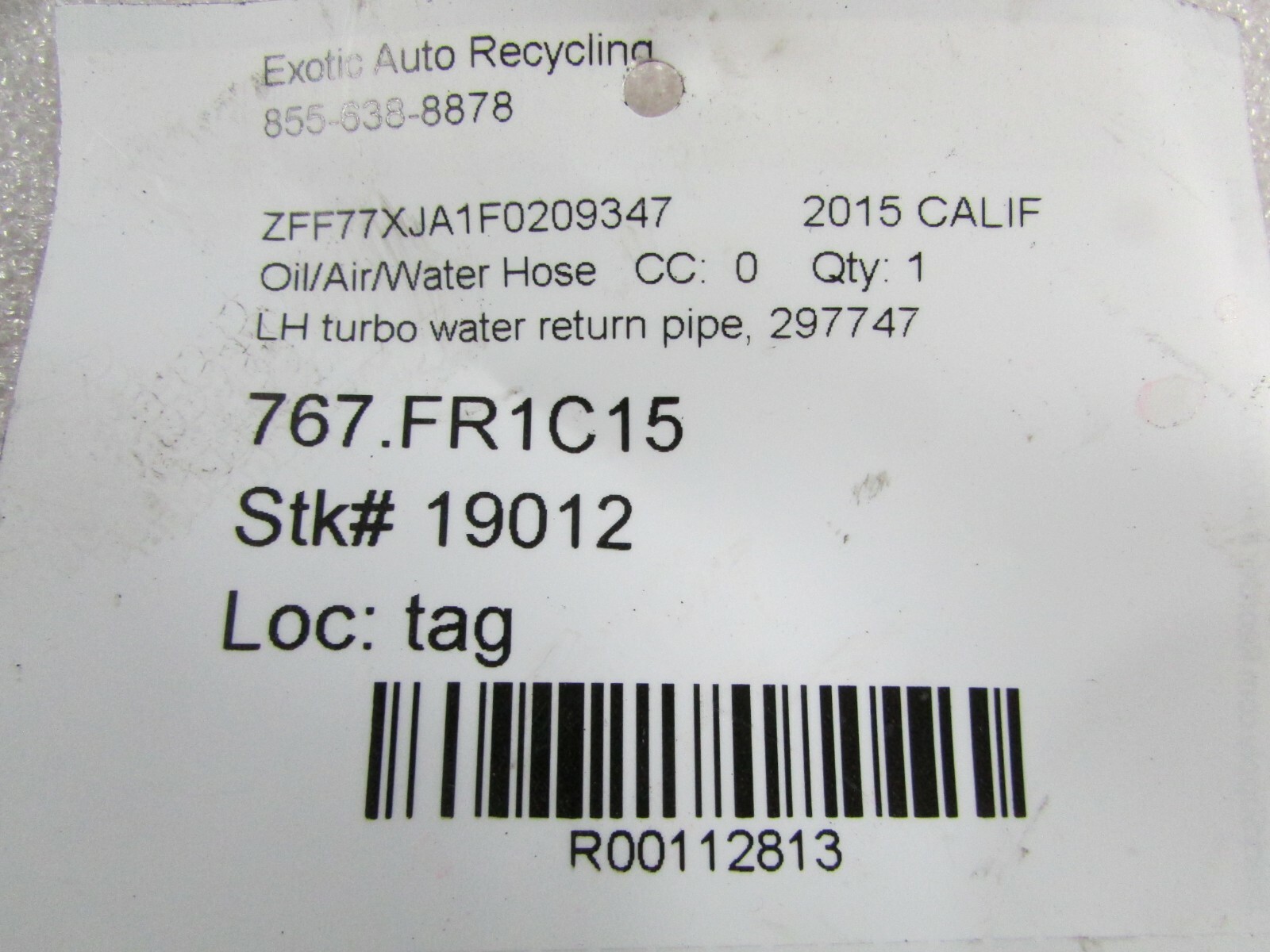 Ferrari California T, Turbo Water Return Pipe, Used, P/N 297747