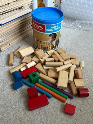 Vintage PLAYSKOOL NATURAL WOOD BLOCKS in Original Tub 1974