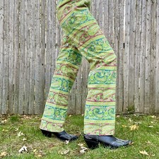 Vintage 1960s Pants Trousers Slacks Green Pink Paisley Cotton 22  High Waist XXS