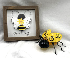 Metal Bumble Bee Figurine  Bee Happy Wooden Sign