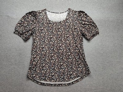RAPBIN Shirt Womens Large Black Floral Puff Sleeve Scoop Neck Top Stretch