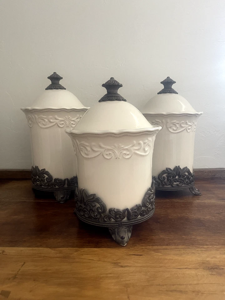 Винтажный снятый с производства набор канистр Chris Madden JCP Corvella из 3 предметов цвета слоновой кости - Изображение 2 из 4