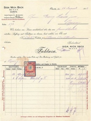 Old Invoice - Sigm Mich Back Olomouc 1913 Austria-Hungary