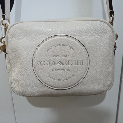 Coach White Pebbled Dempsey Camera Crossbody Bag Logo Patch Stripe