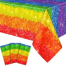 3 Pack Plastic Rainbow Tablecloth 54 x 108 Inch Disposable Colorful Rainbow P...