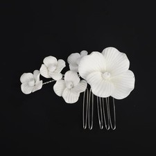 White Flower Hair Comb for Wedding Brides Cute Silver Hair Piece for Women
