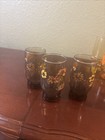 Set of 3 VTG Smoky Amber Brown Glasses Yellow Gold Orange Daisies Poppies Floral — photo 1