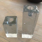 2 BLENKO Glass Ice Cube Candle Stick Holders Clear Square 6" and 4”