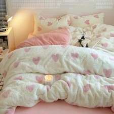 Fluffy Duvet Cover Set Twin Size Faux Fur Velvet Flannel Pink Heart Comforter...