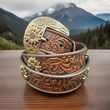 Ariat Tooled Leather Sunflower Concho Belt XL Removable Buckle Western Women New