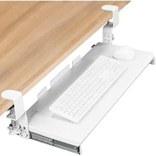 Large height adjustable under desk keyboard tray, c-clamp mount system