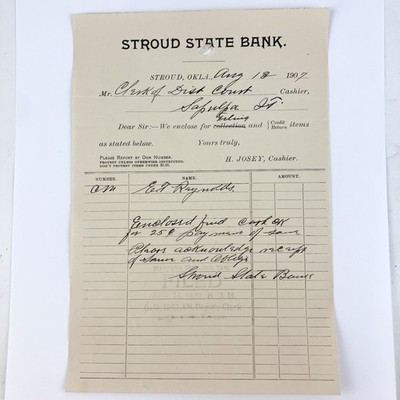 1907 Stroud State Bank E Reynolds Court Clerk Oklahoma Indian Territory Receipt