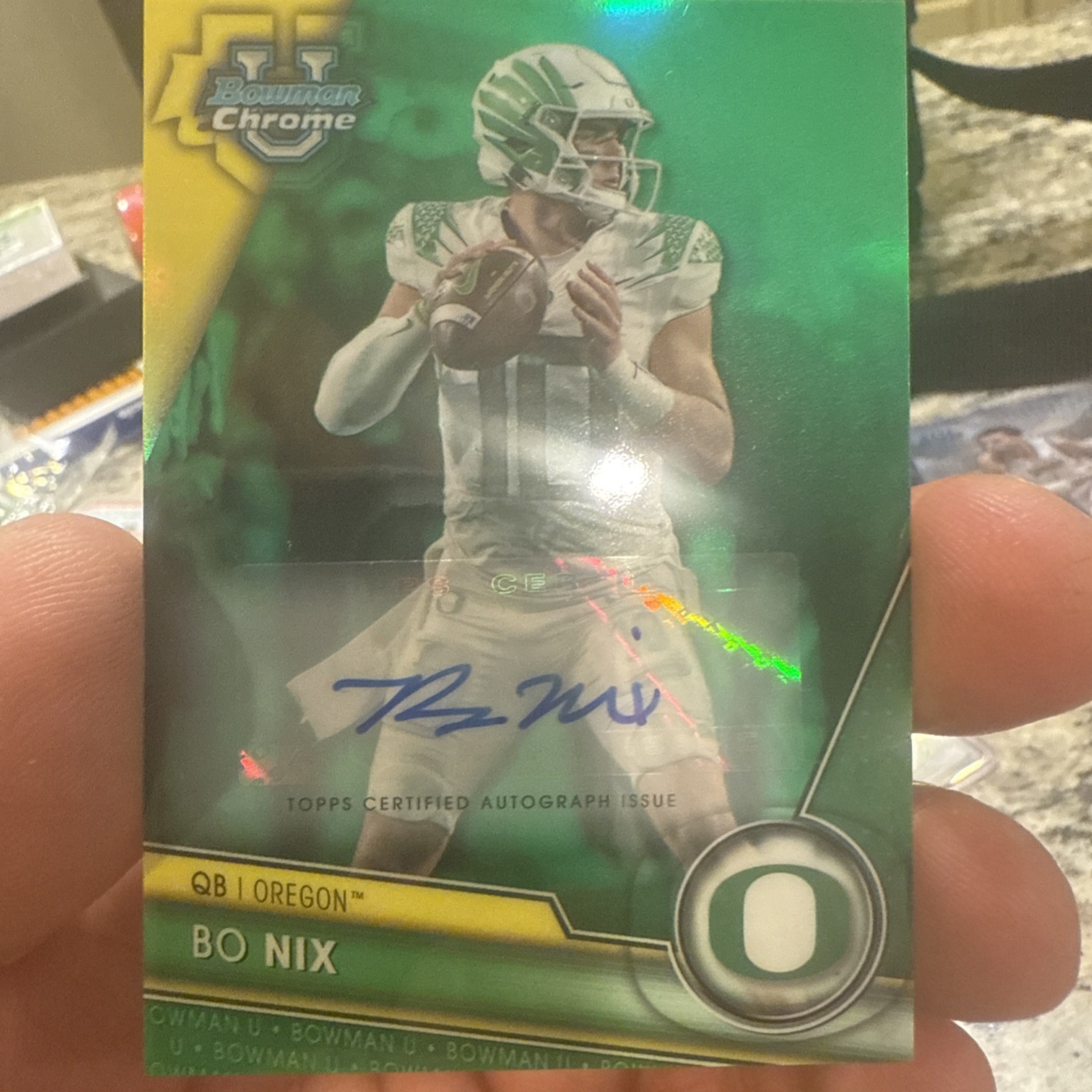 2023 Bowman University Chrome - #159 Bo Nix (AU, RC) - Green Auto 23/99