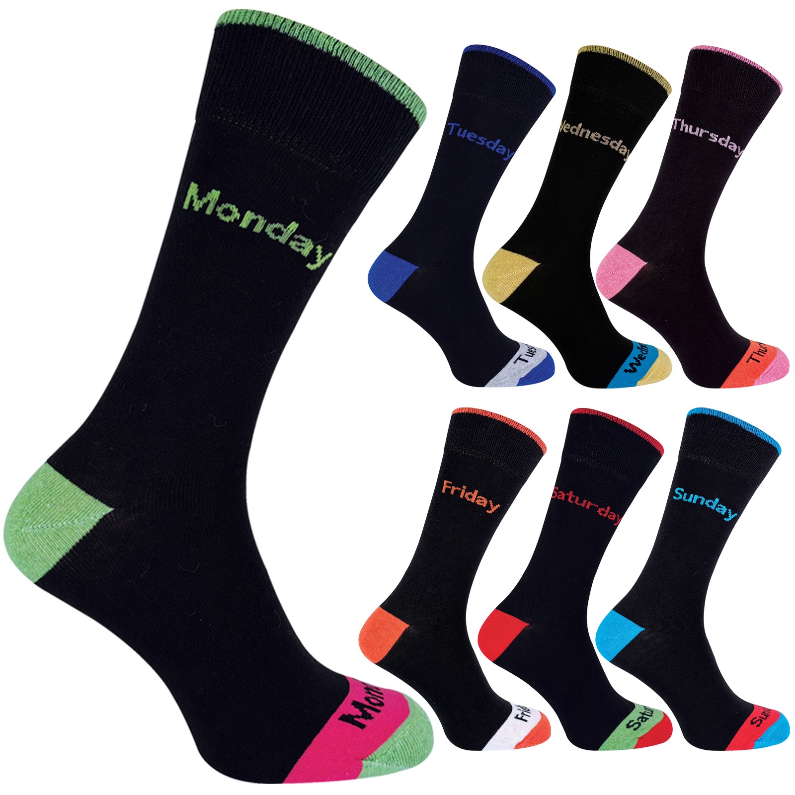 Paquete de 7 calcetines para hombre negros/colores divertidos novedad algodón ricos 7 días de la semana