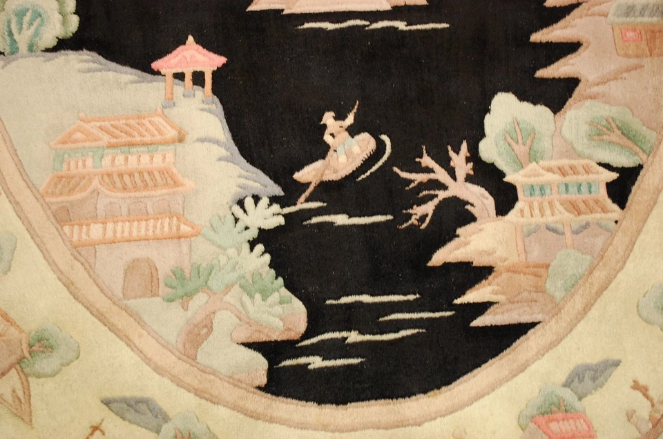 c1970's MINT ART DECO CHINESE OVAL RUG 6'x9" SCENERY DESIGN_COMFORTING SOFT WOOL - Image 3 of 4