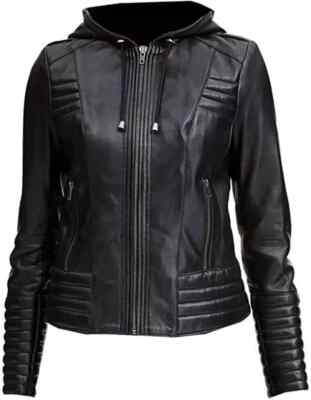 Quilted Black Moto Biker Motorcycle Hooded Womens Real Leather Jacket