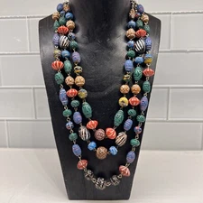 Handcrafted Terracotta Natural Clay Beads , Artisan 3-strand Beaded Necklace