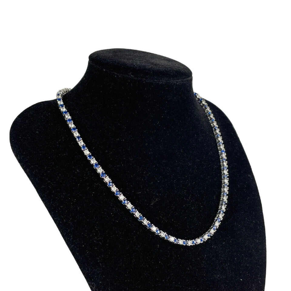 WHITE GOLD FINISH Round Cut Created Diamond and Blue Sapphire Necklace - Image 2 of 4