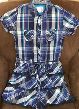 JUSTICE DRESS SZ 14 BLUE PLAID SHIMMERING STUD POCKETS RUFFLE/LACE SUPER CUTE 