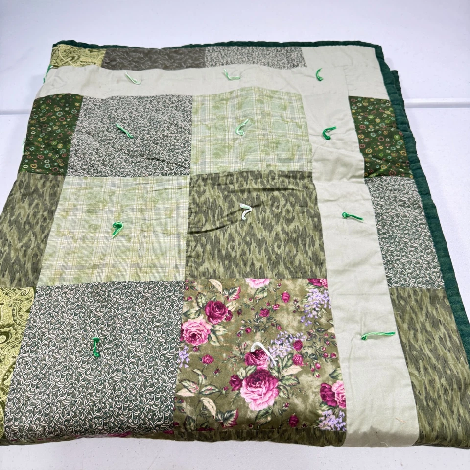 handmade lap quilt floral green pink cotton rustic primitive 40x50 - Image 2 of 4