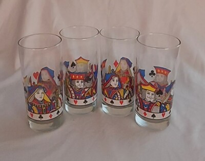Vintage Libby 4 Poker Night Beer Glasses Cards King Queen Highball Party 