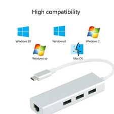 2026 Type-C to 3 USB Port Hub RJ45 Ethernet Adapter For MacBook Pro Dell/HP/Acer