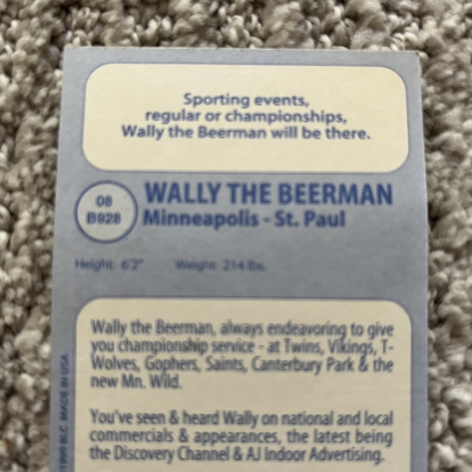 1999 Big League Wally the Beerman Autographed Baseball Card Minneapolis