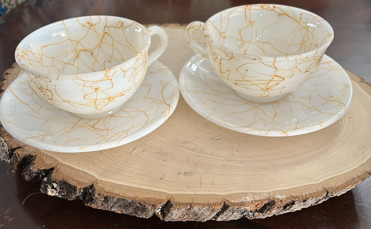 Vintage Set of 2 Hazel Atlas Milk Glass Cups W/saucer In Orange