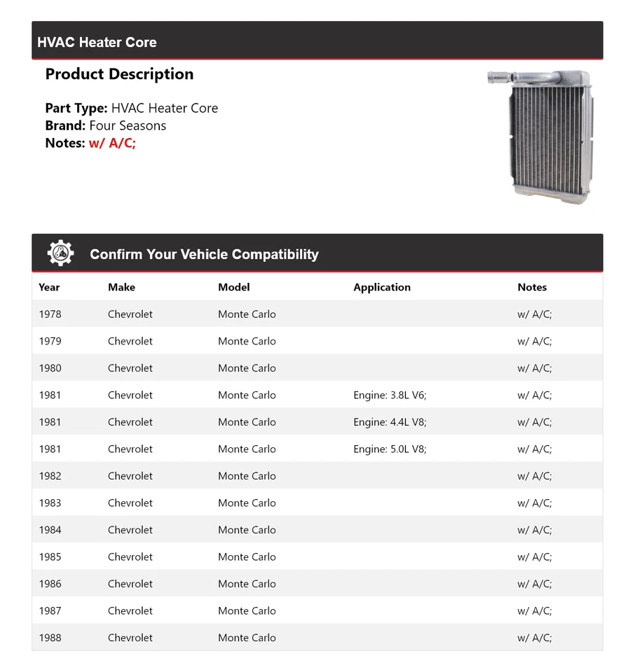 For 1978-1988 Chevrolet Monte Carlo HVAC Heater Core 4 Seasons 1979 1980 1981 - Image 2 of 3