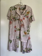 HTF Johnny Was Pajama Set. Short Sleeve. Floral Beige/pink Birds. Size Small