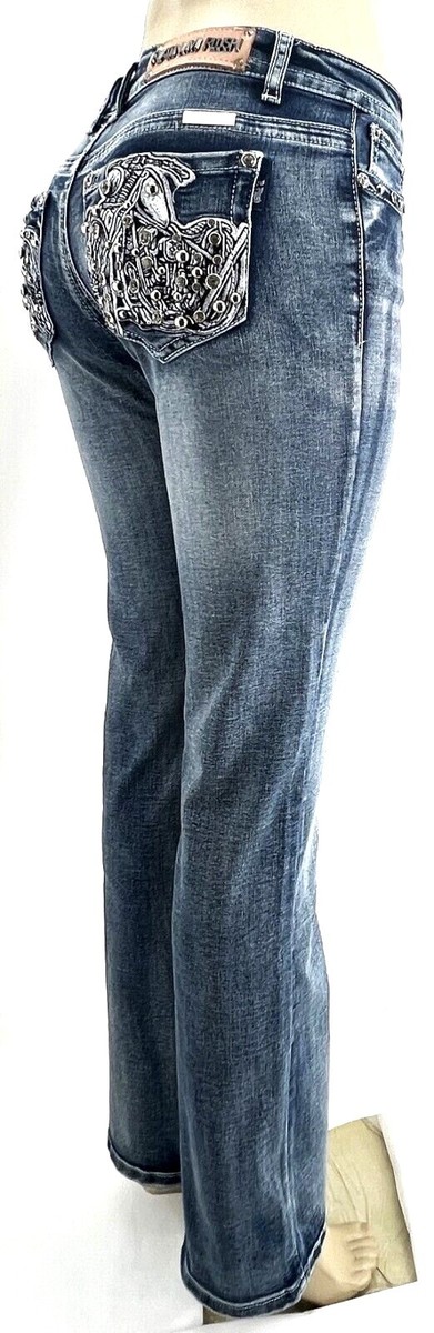 【HI FI FNK】Teddy Boots-Cut Denim PLATINUM PLUSH RHINESTONE MOTORCYCLE DENIM BOOT CUT JEANS