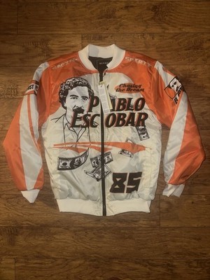Reason Pablo Escobar Graphic Bomber Jacket Red White Zipper Logo Embroidered L