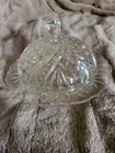 Vintage Anchor Hocking Wexford pattern pressed glass butter dish with lid.