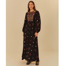 FARM Rio Black Heart Ikat Embroidered Balloon Sleeve Maxi Dress Boho Womens