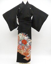 Japanese Vintage Kimono Black-Tomesode Silk Five Crest Embroidery eb-1308