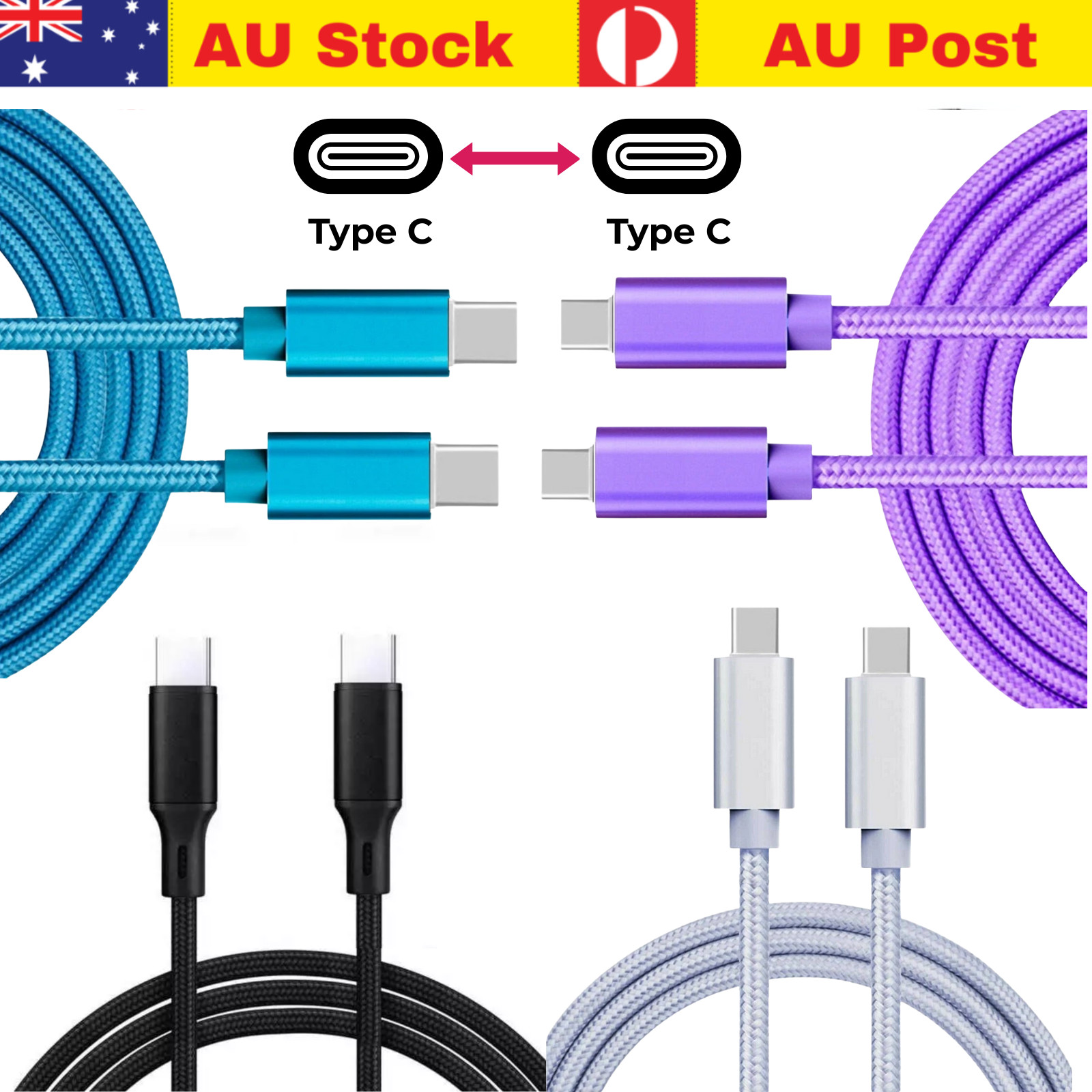 1M 2M 3M USB-C to USB-C Braided Charging Data Cable Type-C Sync Cord for Android