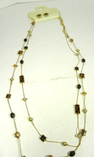 Long Double Strand Chain Link Necklace Earrings Set Gold Brown Animal Print