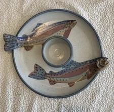 Allen Williams Studio Art Pottery 3D Rainbow Trout Fish Chip & Dip Bowl 13.5"
