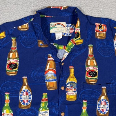 Paradise Found Shirt Mens Large Hawaiian Beer Print 100% Rayon Casual Preppy USA