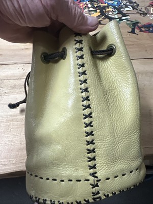 Thick Leather Bag Drawstring Bucket Bag Taupe Purse, Handmade2R