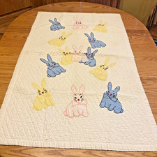 Baby Quilt Sweet Appliqu d Yellow Pink Blue Bunnies Embroidery Hand Made Vintage